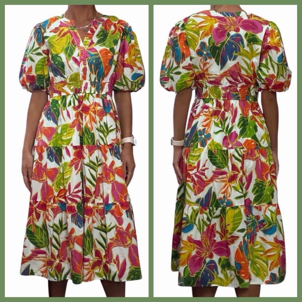 Harlow & Rose Tropical Floral Midi Dress XL Puff Sleeve Resortcore Wedding Guest